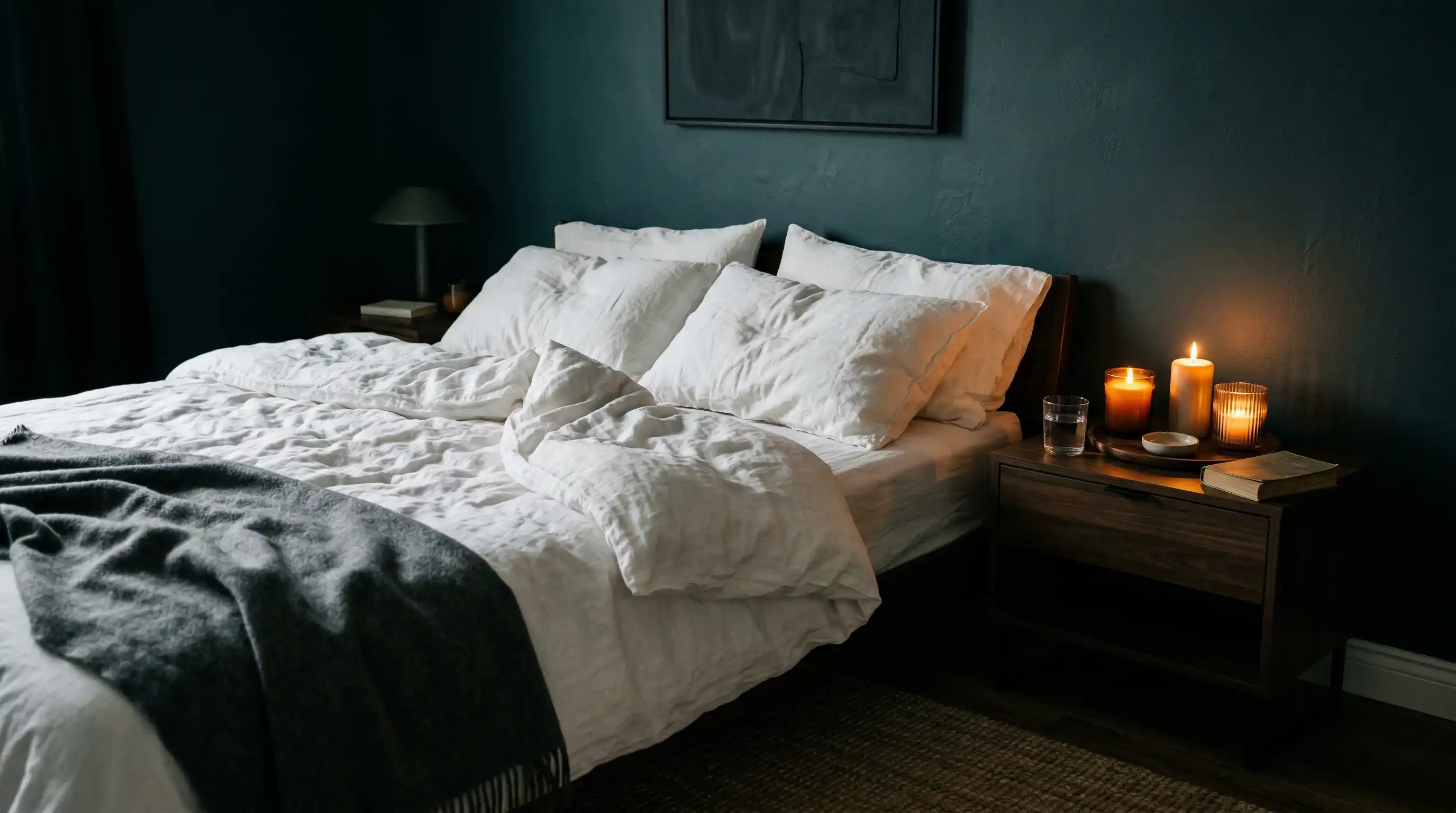 Luxuriöses Schlafzimmer mit Kerzen und weißem Linen