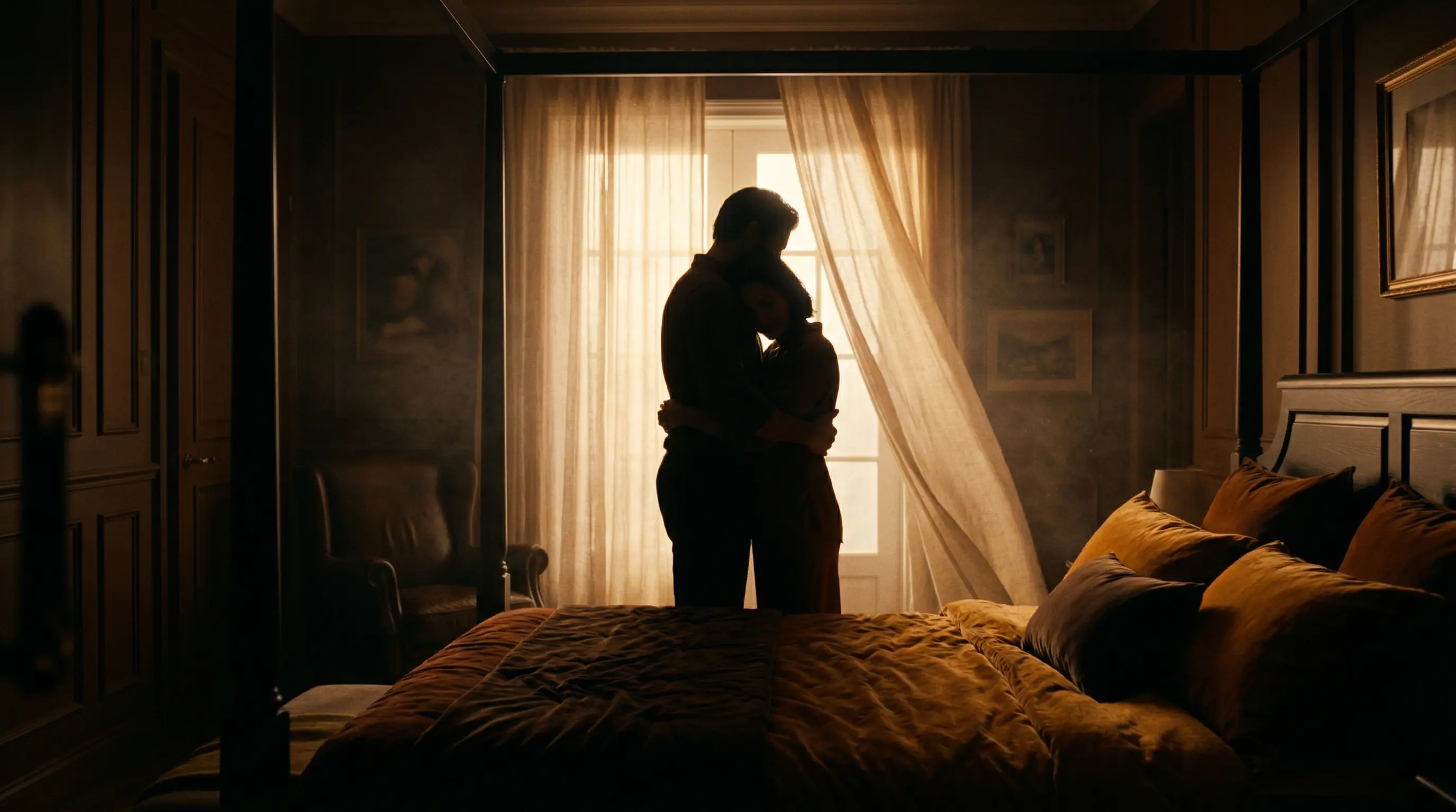 Zwei Silhouetten in inniger Umarmung im gedimmten Schlafzimmer
