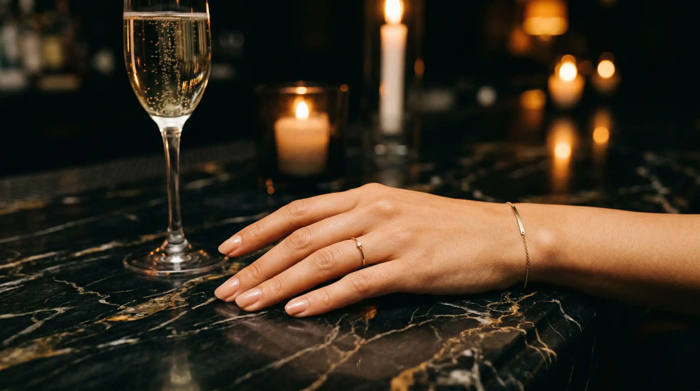 Elegante Hand mit Goldschmuck neben Champagnerglas