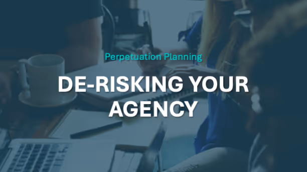 AgencyFocus guide cover 'De-Risking Your Agency' for perpetuation planning with business professionals working background