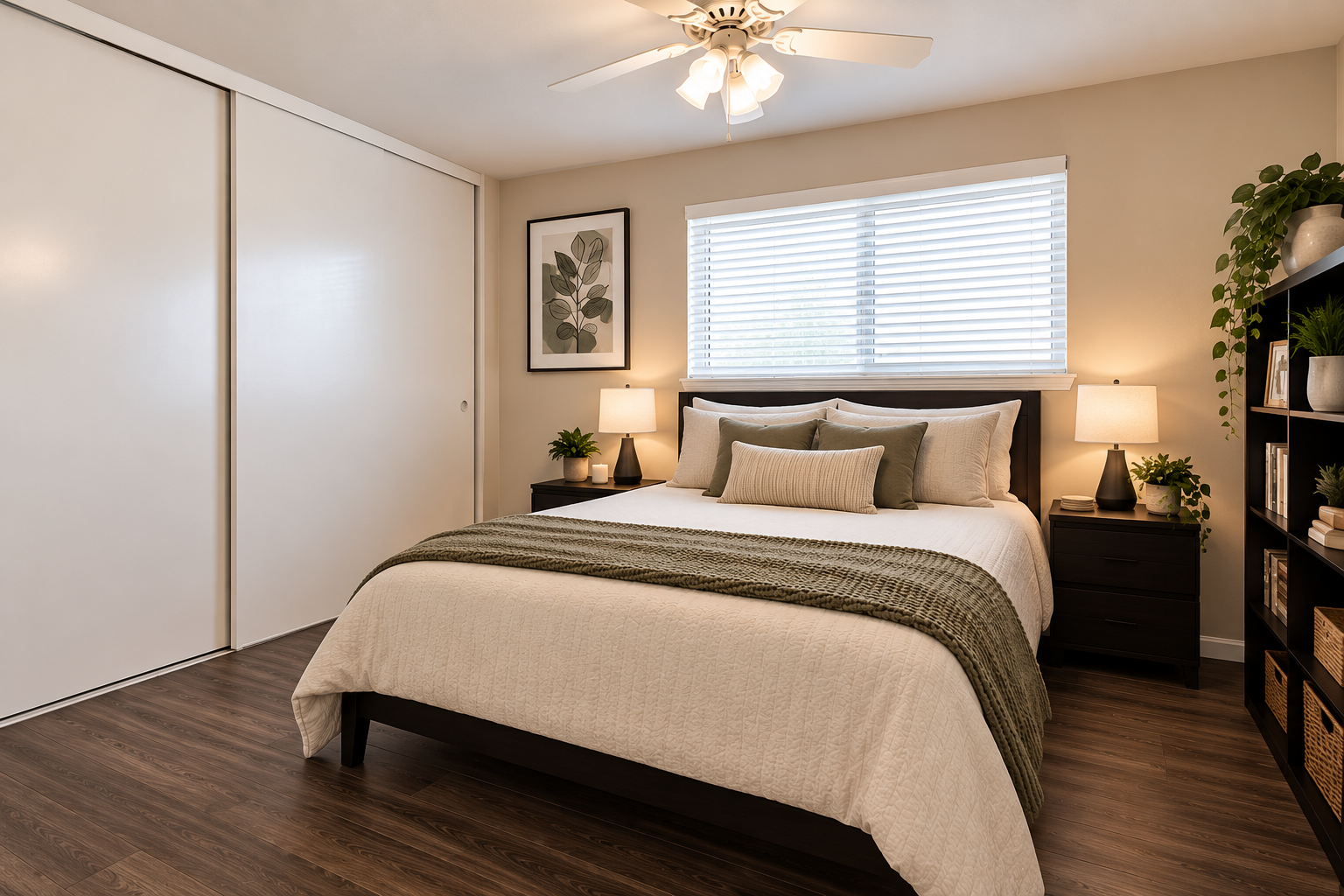 Upgraded bedroom with bed and wood floors