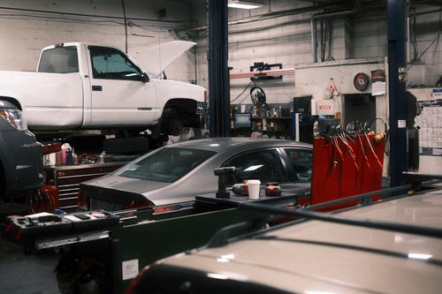 Service bays inside the Granville & Avery Automotive repair shop in Marpole, Vancouver