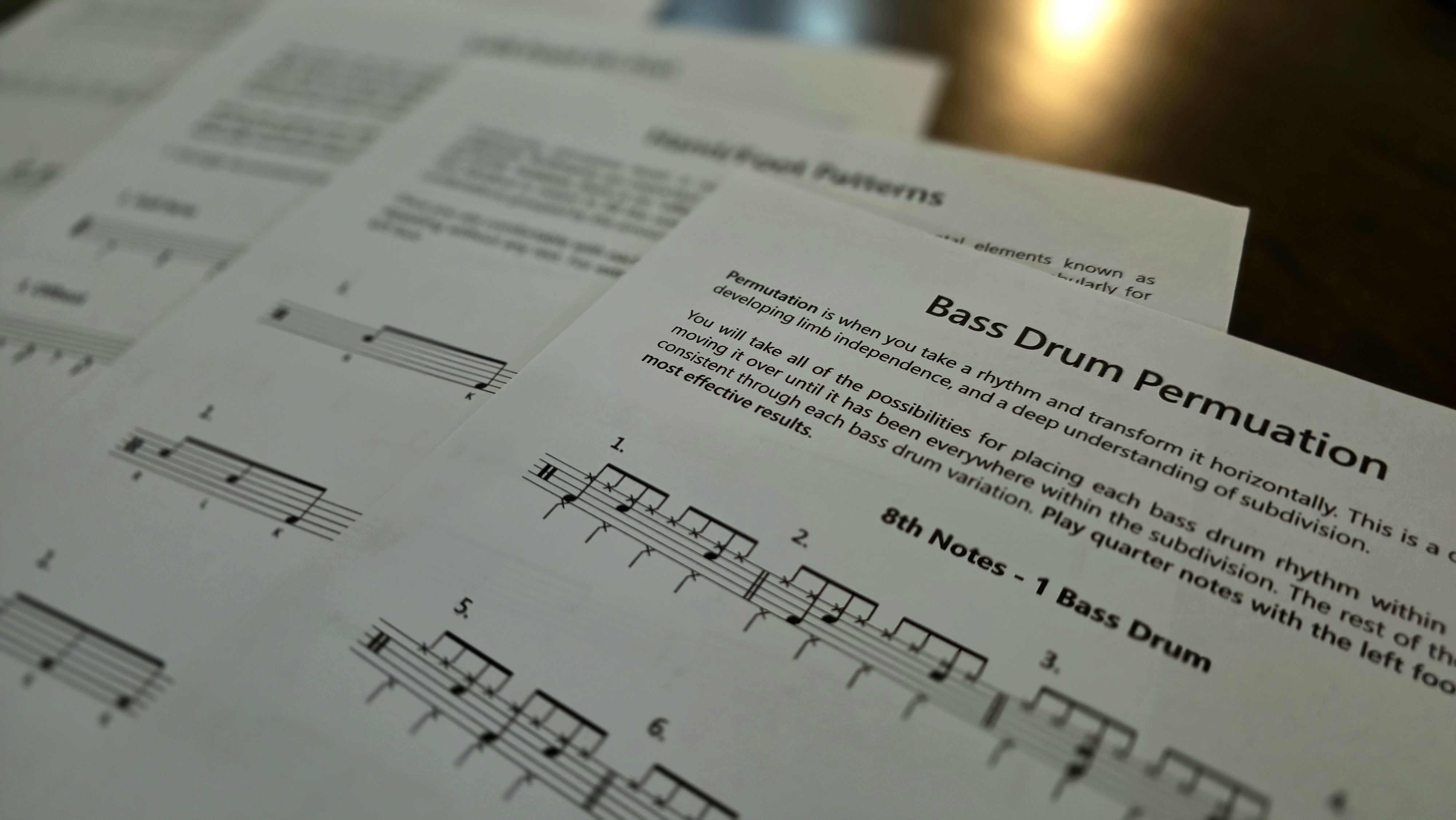 Sheet music titled Bass Drum Permutation showing musical notation and instructional text on bass drum rhythm variations.
