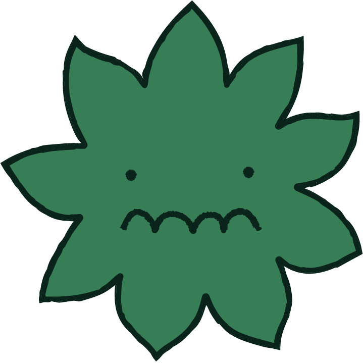 Green cartoon leaf with two dot eyes and a squiggly mouth expressing discomfort.