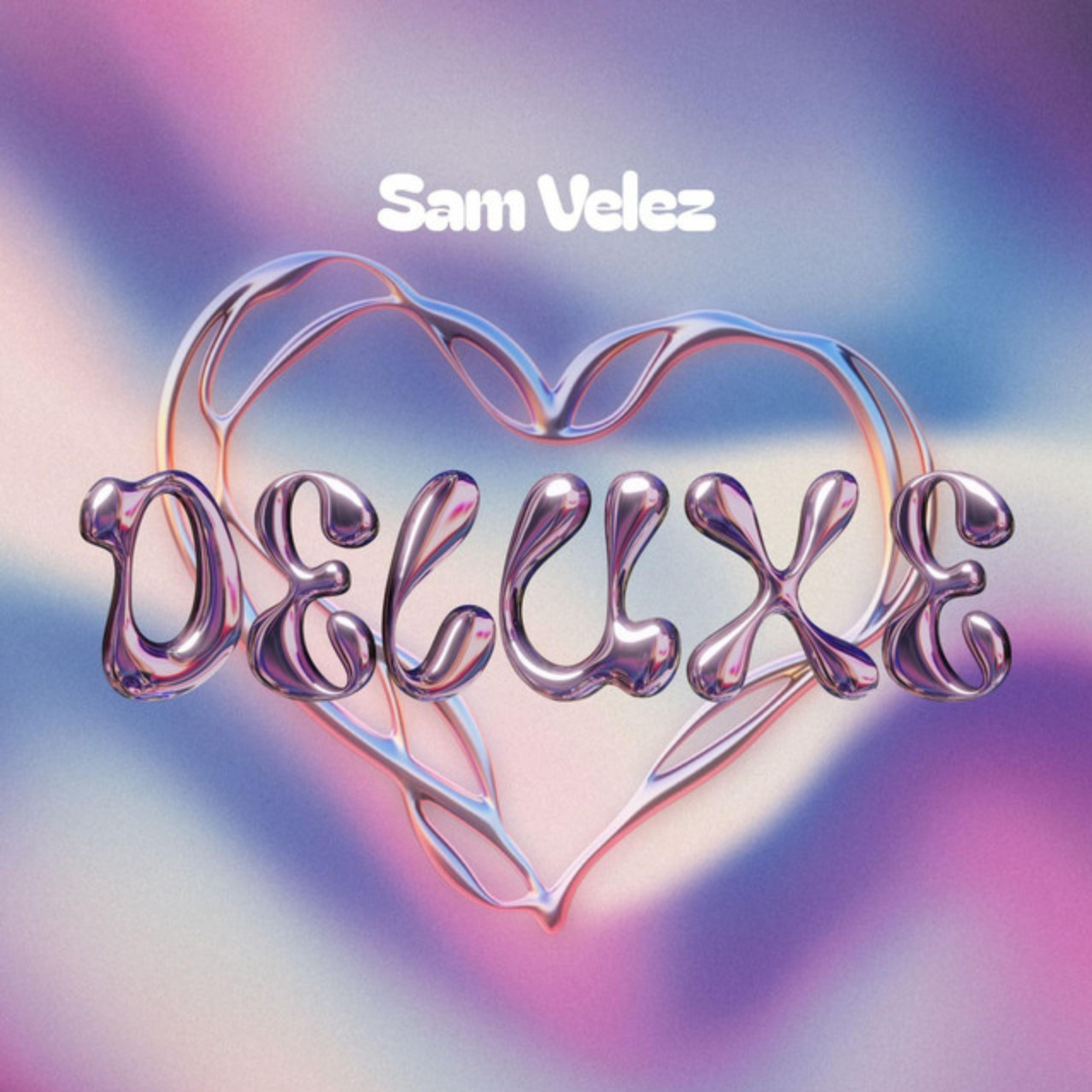 Colorful, glossy 3D text ‘DELUXE’ inside a metallic heart shape with ‘Sam Velez’ above on a soft pastel gradient background.
