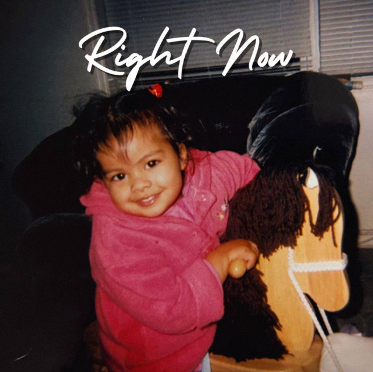 Smiling young child in a pink jacket riding a wooden rocking horse indoors.