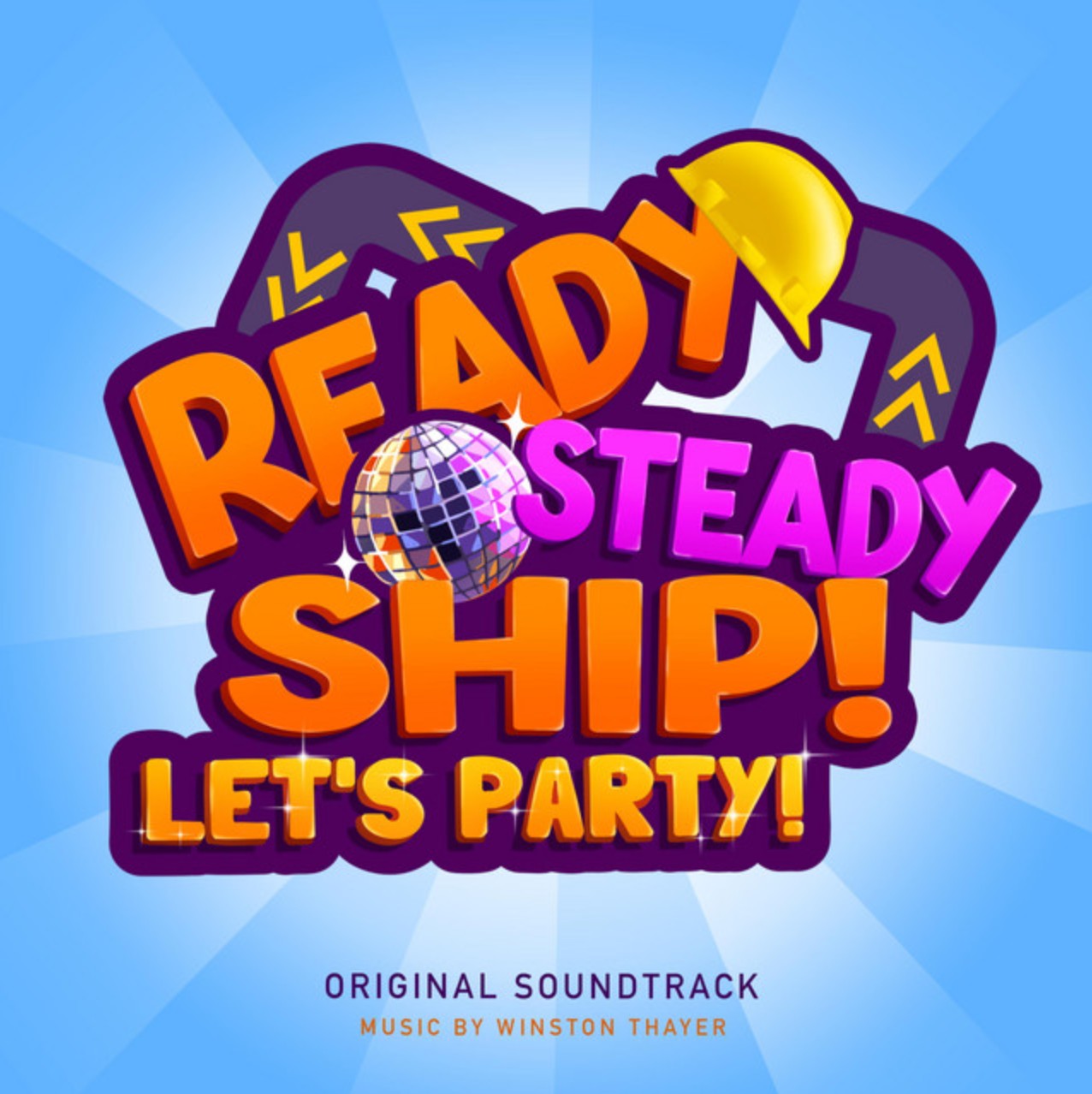 Colorful graphic with text 'Ready Steady Ship! Let's Party!' featuring a disco ball, headphones, and a yellow hard hat on a blue radiant background.