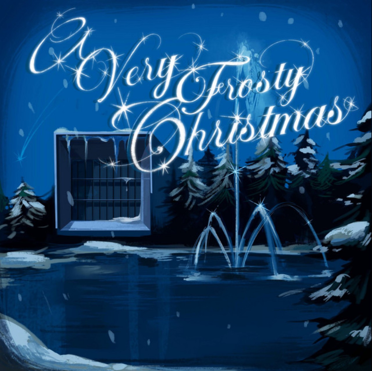 Illustration of a snowy nighttime scene with pine trees and a fountain, text reads 'A Very Frosty Christmas' in glowing script.