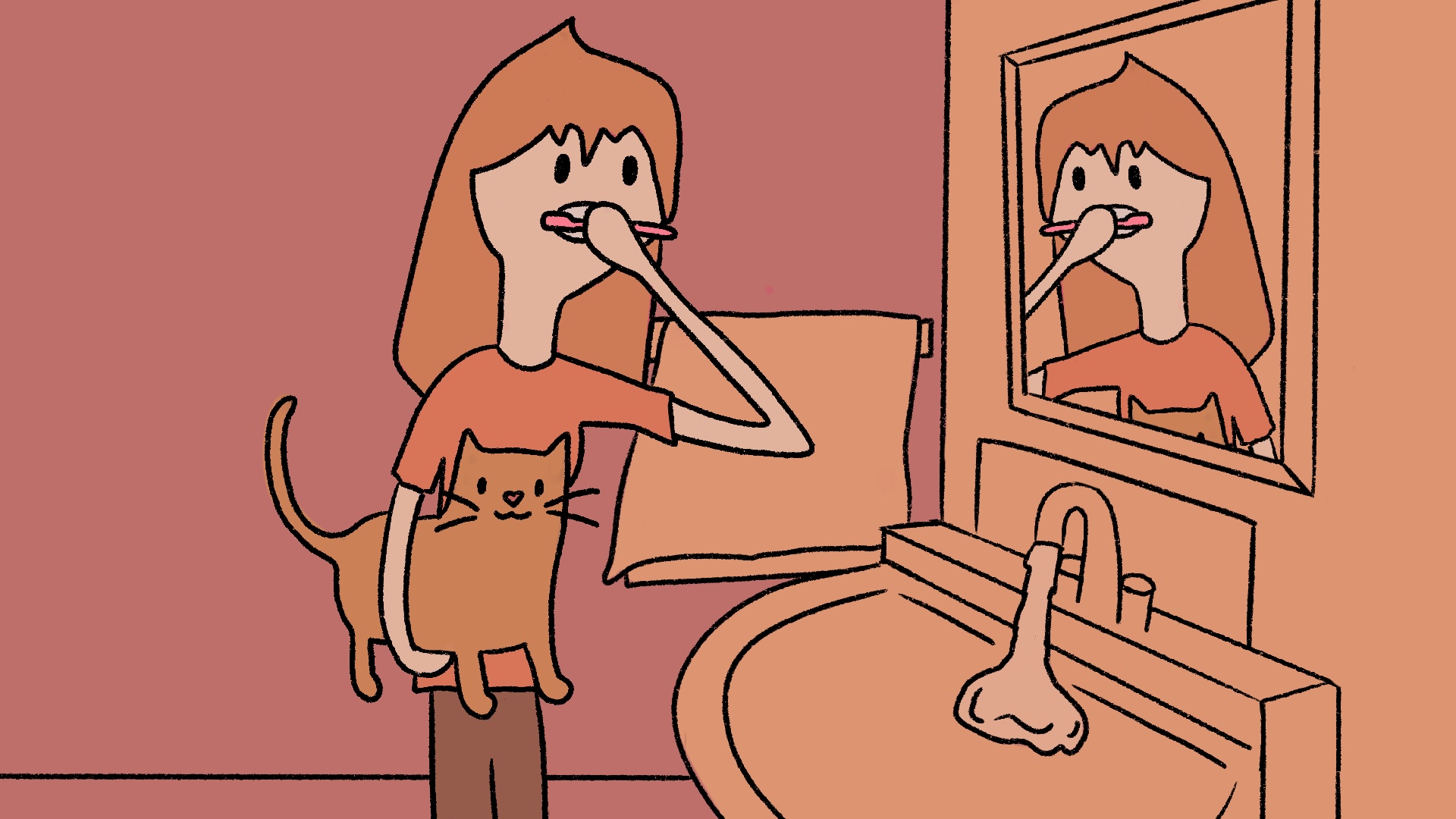 Screenshot from Cat Lady of woman holding her cat while brushing her teeth