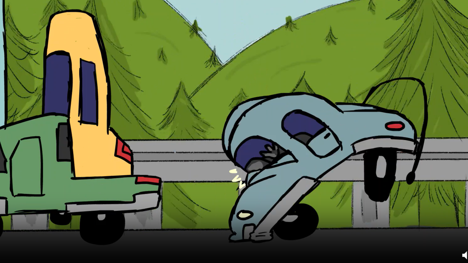 Screenshot from the road less travelled of a car breaking behind a row of cars