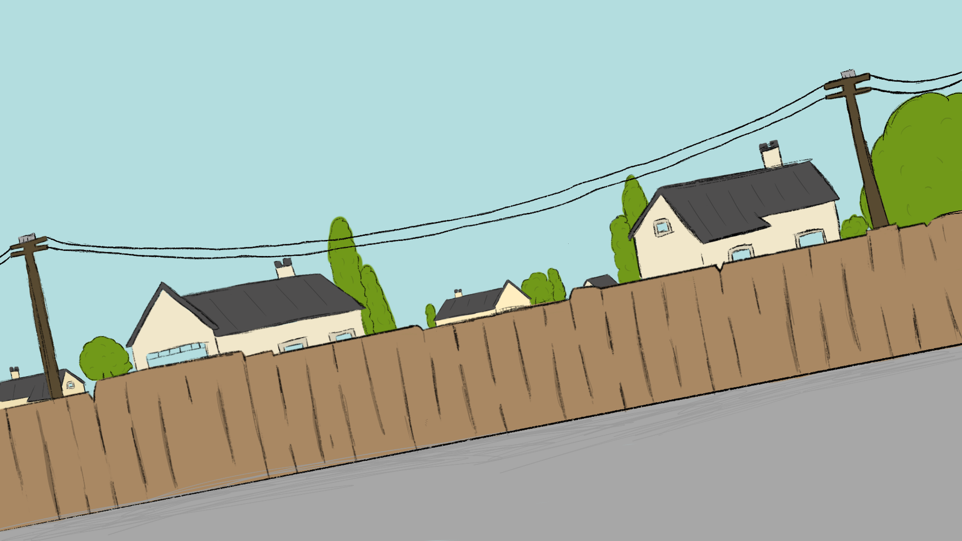 Background of a road and fence with houses in  the backgrounf
