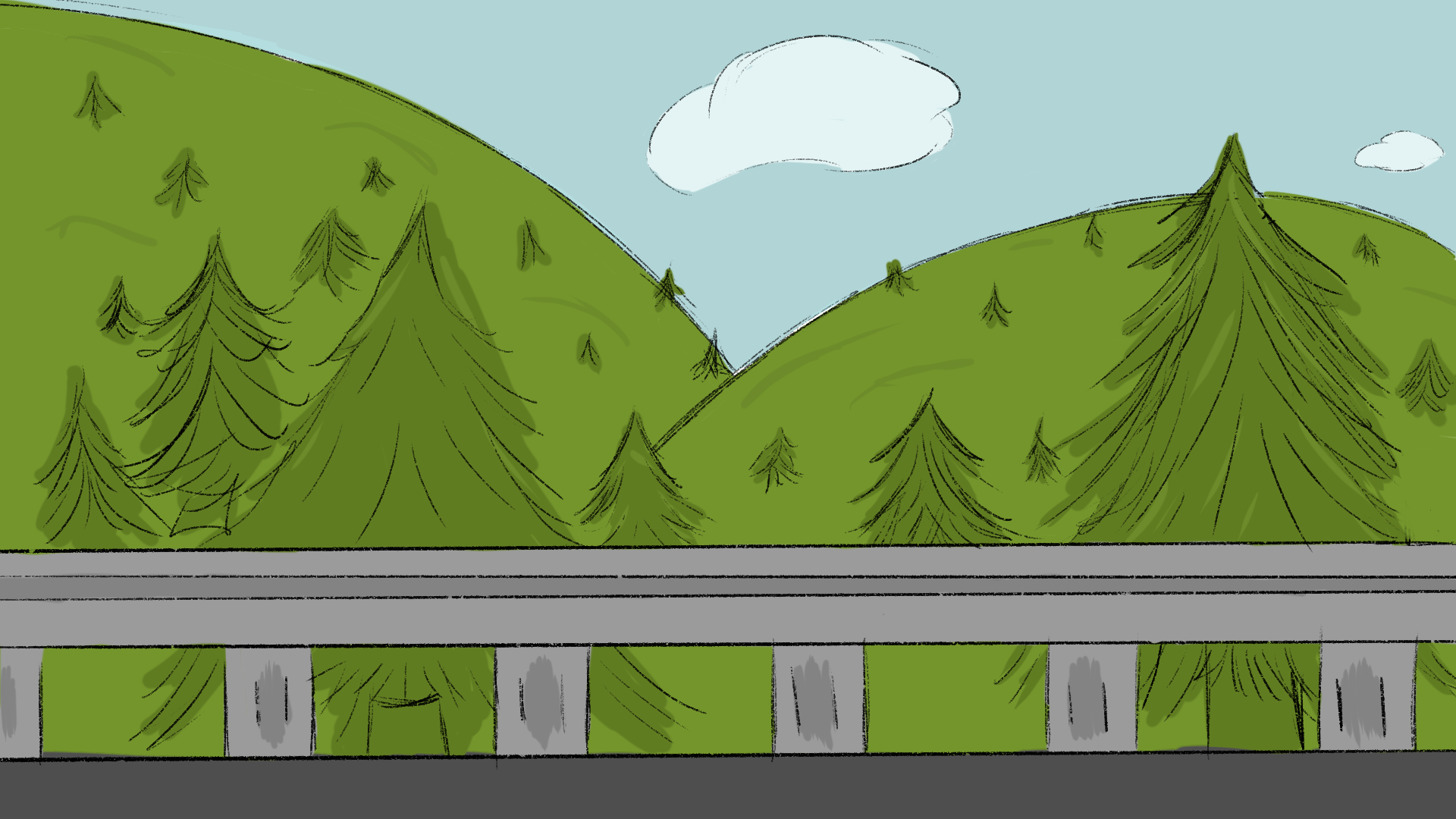 Background art of a road with trees and hills