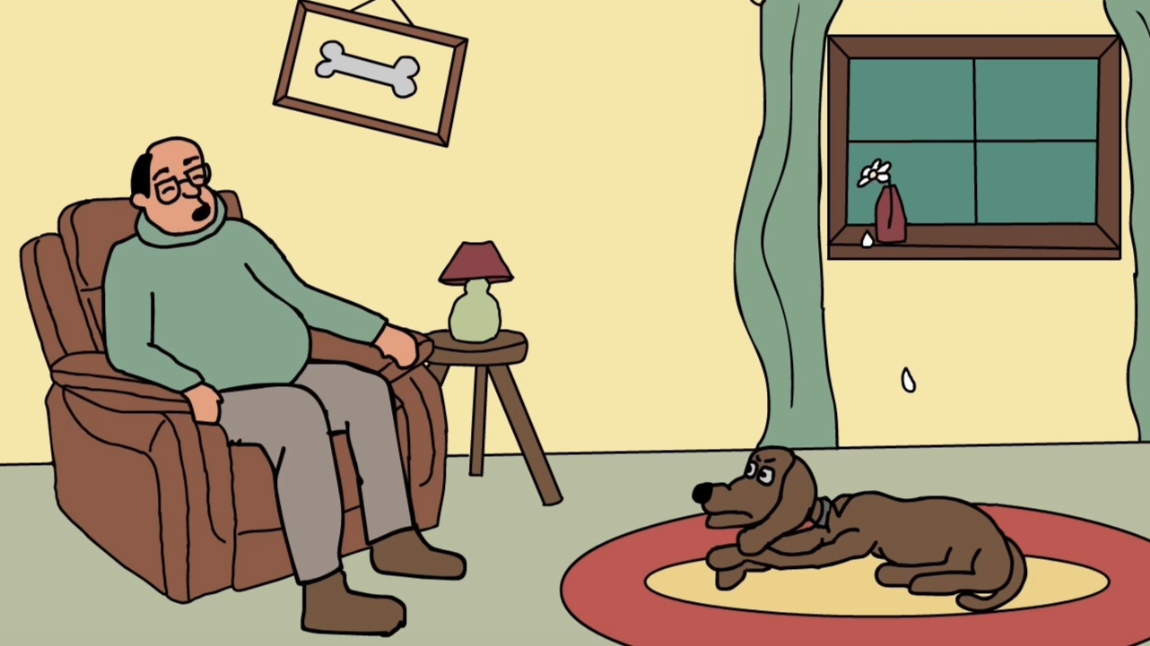 Screenshot from ATU Ident of a man sleeping on a couch in his living room with his dog lying on a rug on the floor