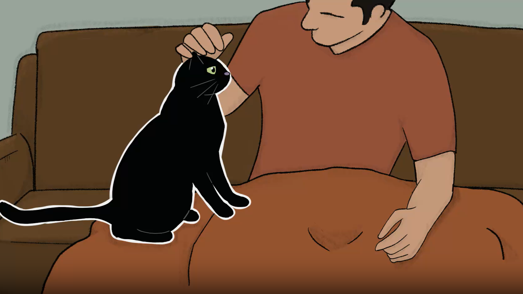 Screenshot from 'Willow' of man petting Willow the cat