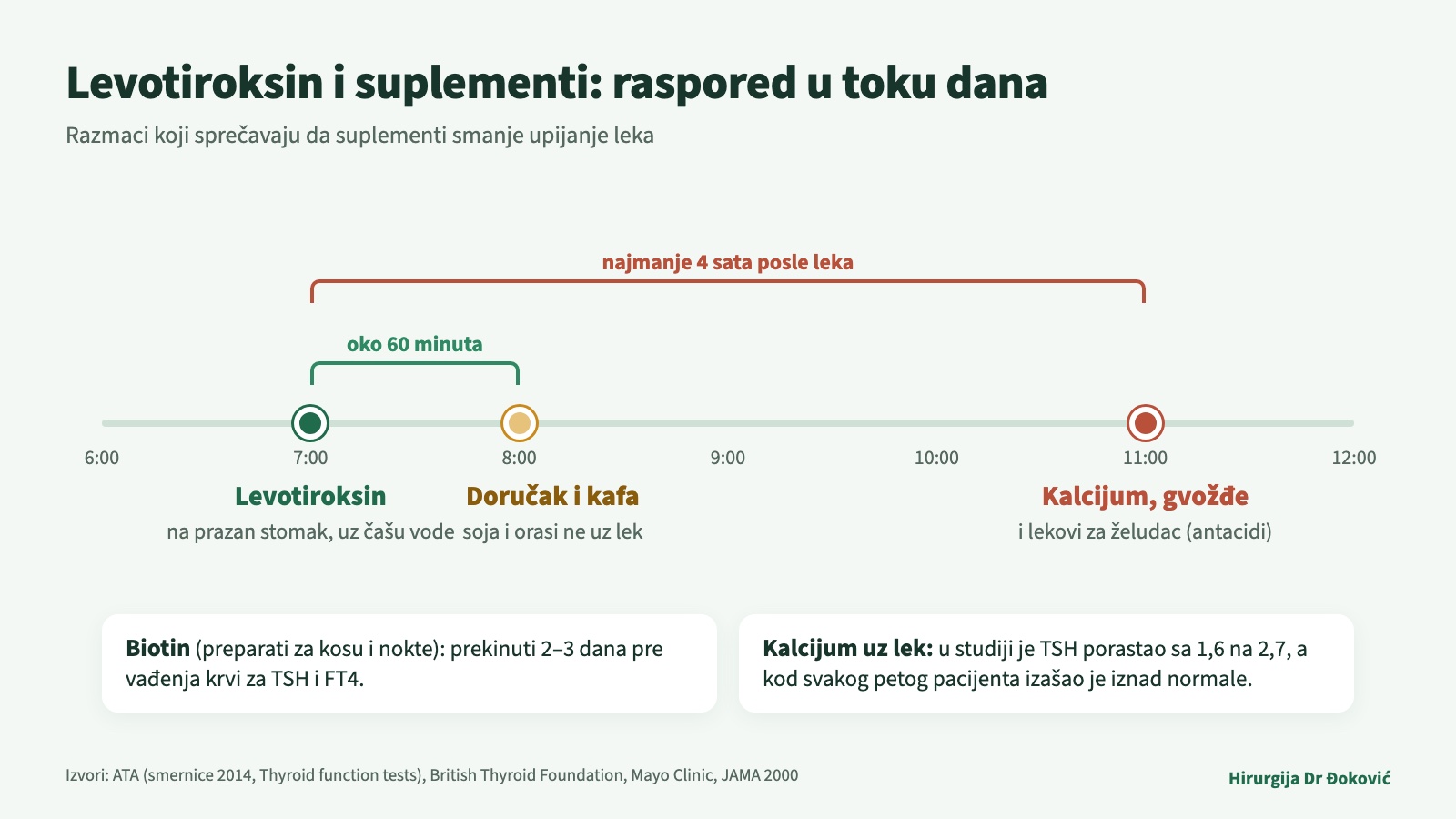 Raspored uzimanja levotiroksina i suplemenata: lek se pije ujutru na prazan stomak, doručak i kafa oko 60 minuta kasnije, a kalcijum, gvožđe i antacidi najmanje četiri sata posle leka. Biotin se prekida dva do tri dana pre analiza.
