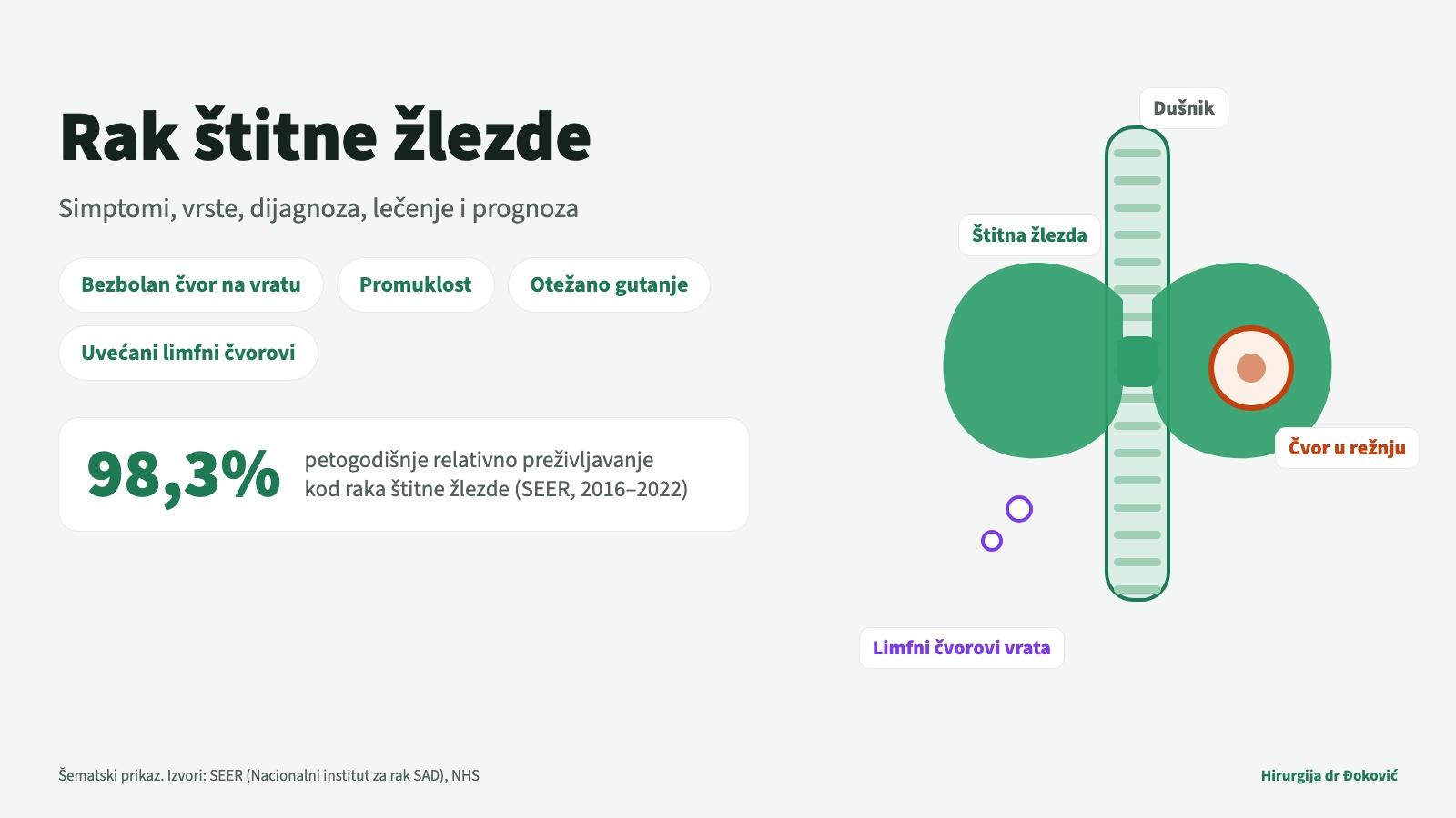 Rak štitne žlezde: šematski prikaz štitne žlezde sa čvorom u režnju i limfnim čvorovima vrata, uz najčešće simptome (bezbolan čvor, promuklost, otežano gutanje, uvećani limfni čvorovi) i petogodišnje relativno preživljavanje od 98,3% prema registru SEER