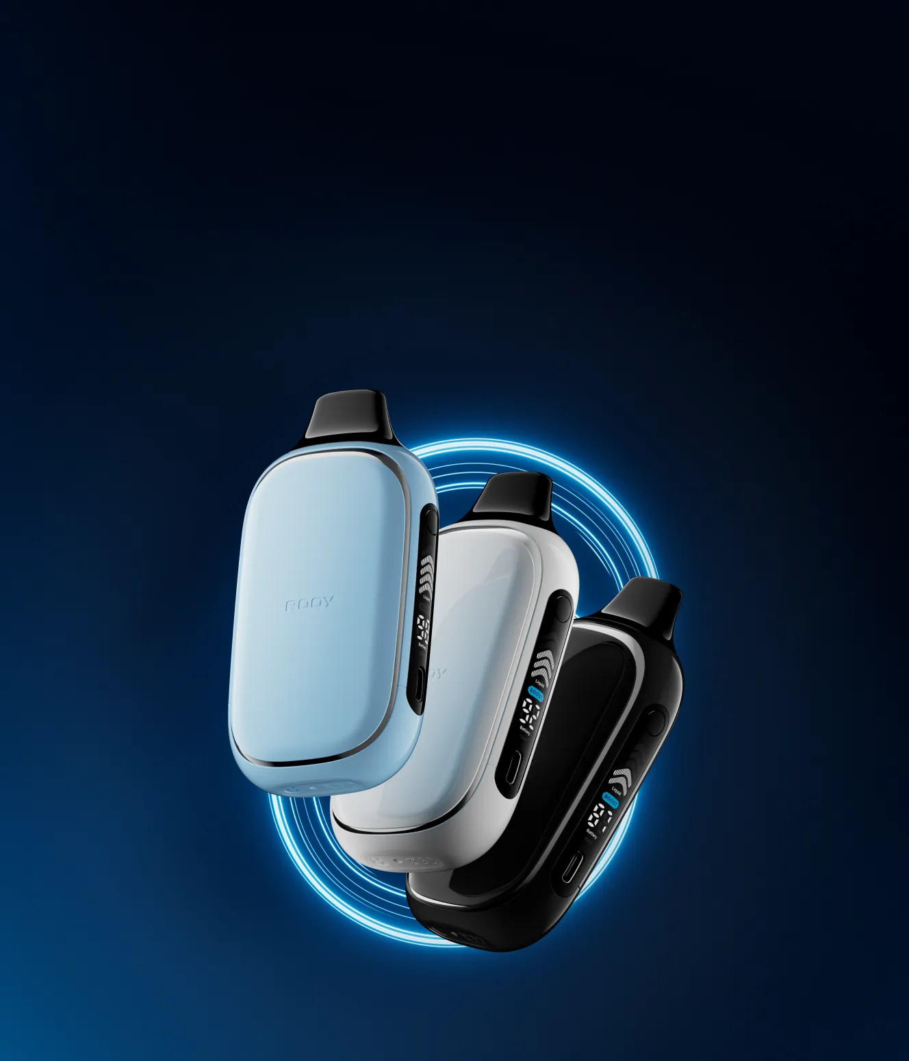 Три электронные сигареты различного цвета (черный, белый с экраном, синий) на темной фактурной поверхности с геометрическим освещением.