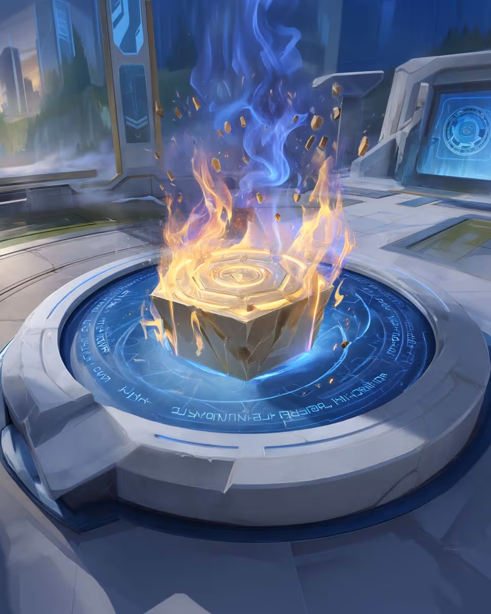 Illustration futuriste d'un cube doré en flammes sur un socle holographique circulaire dans un environnement technologique