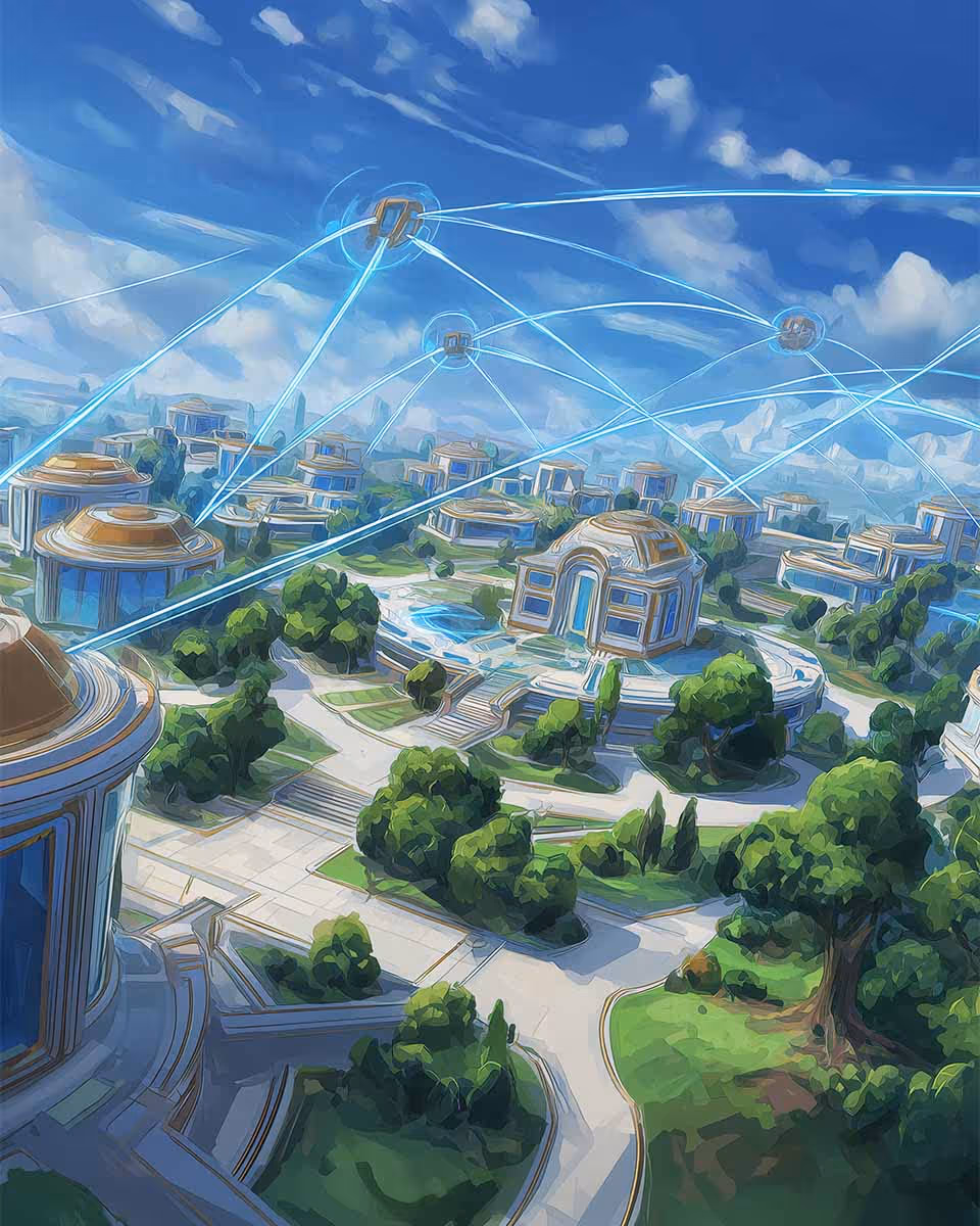 Illustration futuriste d'une ville connectée avec bâtiments à dômes dorés, végétation abondante et réseau lumineux bleu