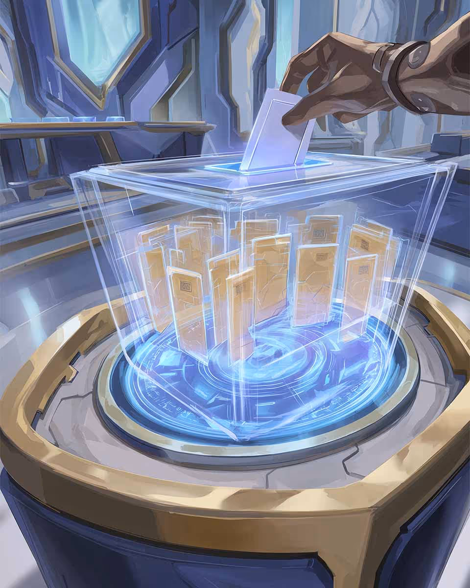 Illustration futuriste d'une main déposant un bulletin dans une urne de vote transparente sur un socle technologique lumineux