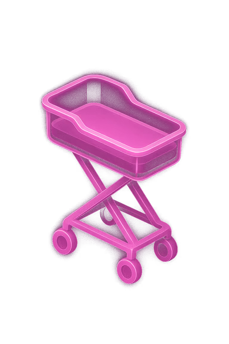 Icône rose d'un berceau de maternité sur roulettes, style illustration médicale