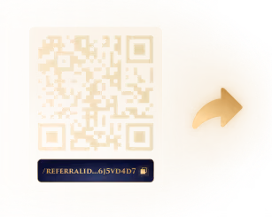 QR code avec lien de parrainage et flèche dorée de partage, illustration du système de référencement Galeon