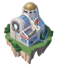 Illustration d'un bâtiment médical futuriste sur une île flottante avec dôme doré et façade bleue moderne