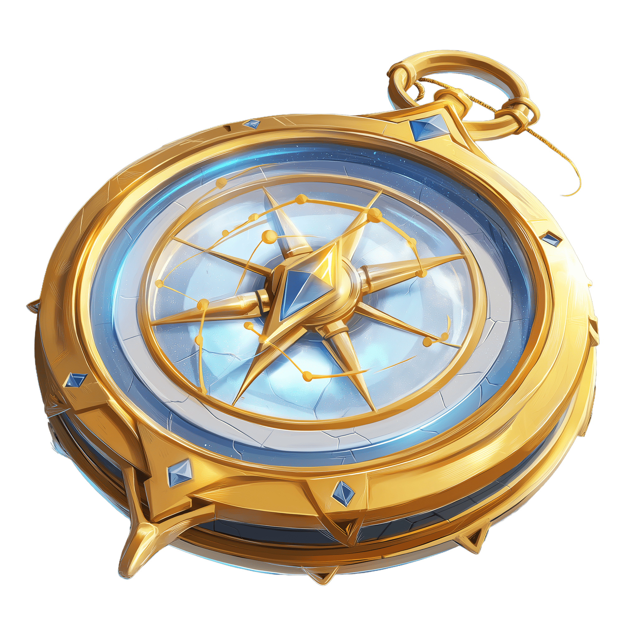 Illustration d'une boussole dorée ornée de pierres bleues avec une rose des vents au centre, style fantasy