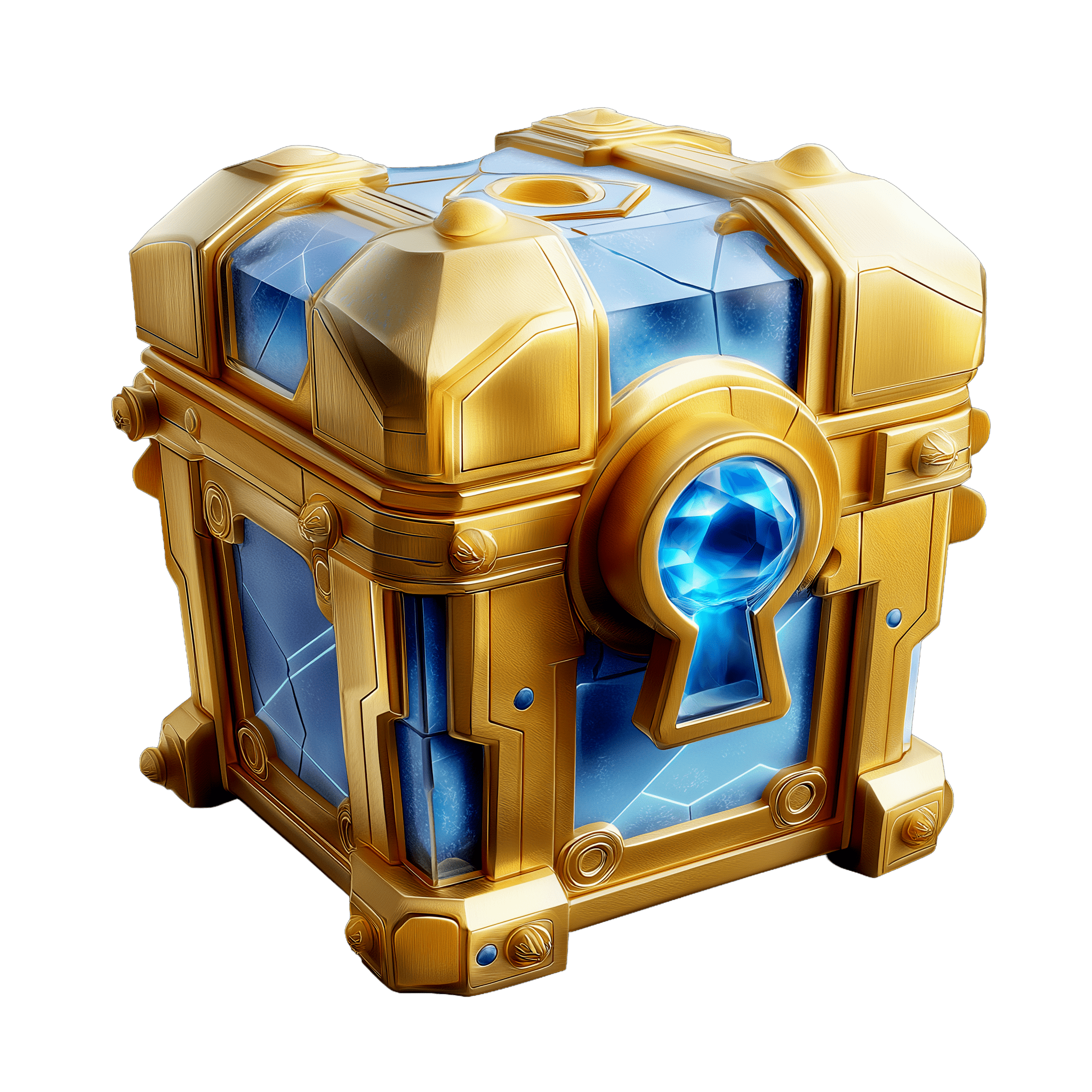 Illustration d'un coffre doré et bleu avec un trou de serrure orné d'une gemme bleue, style jeu vidéo