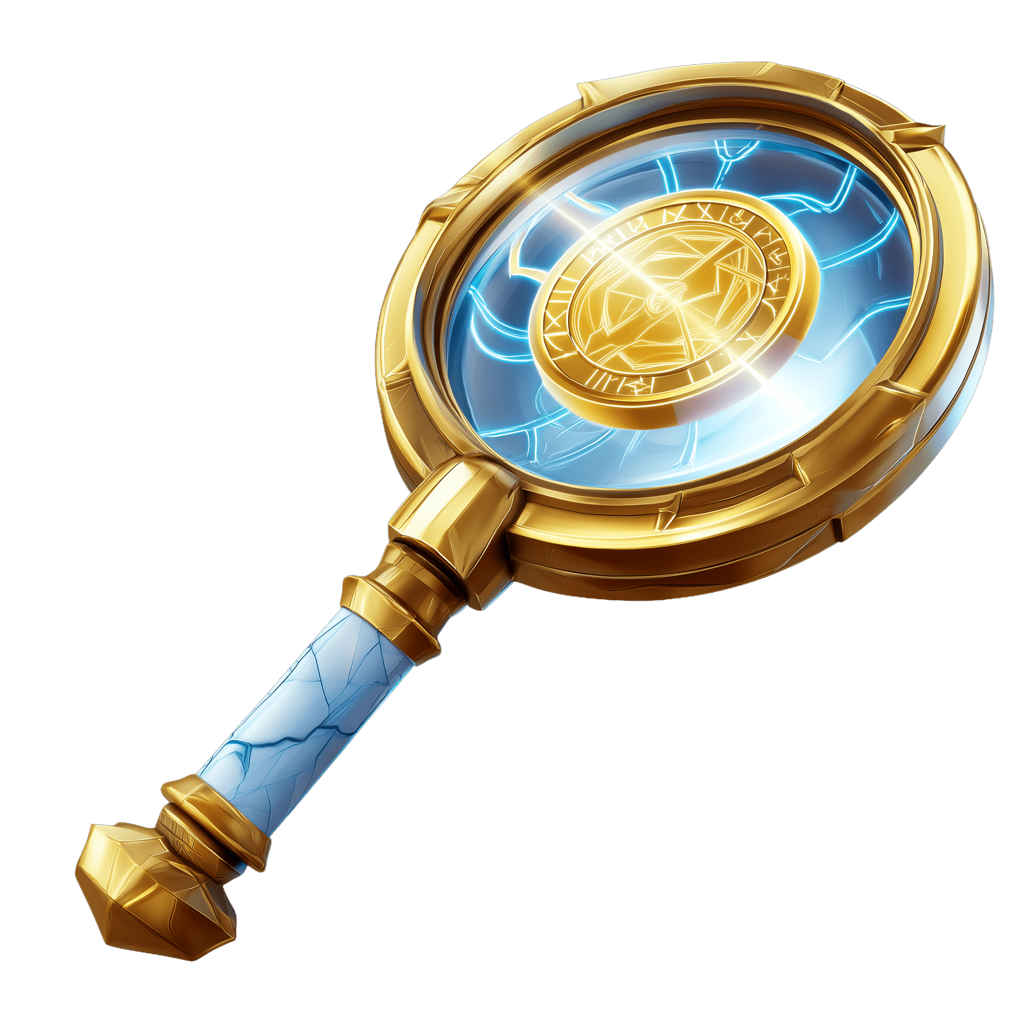 Illustration d'une loupe magique dorée avec lentille bleue lumineuse et symbole central, icône décorative Galeon