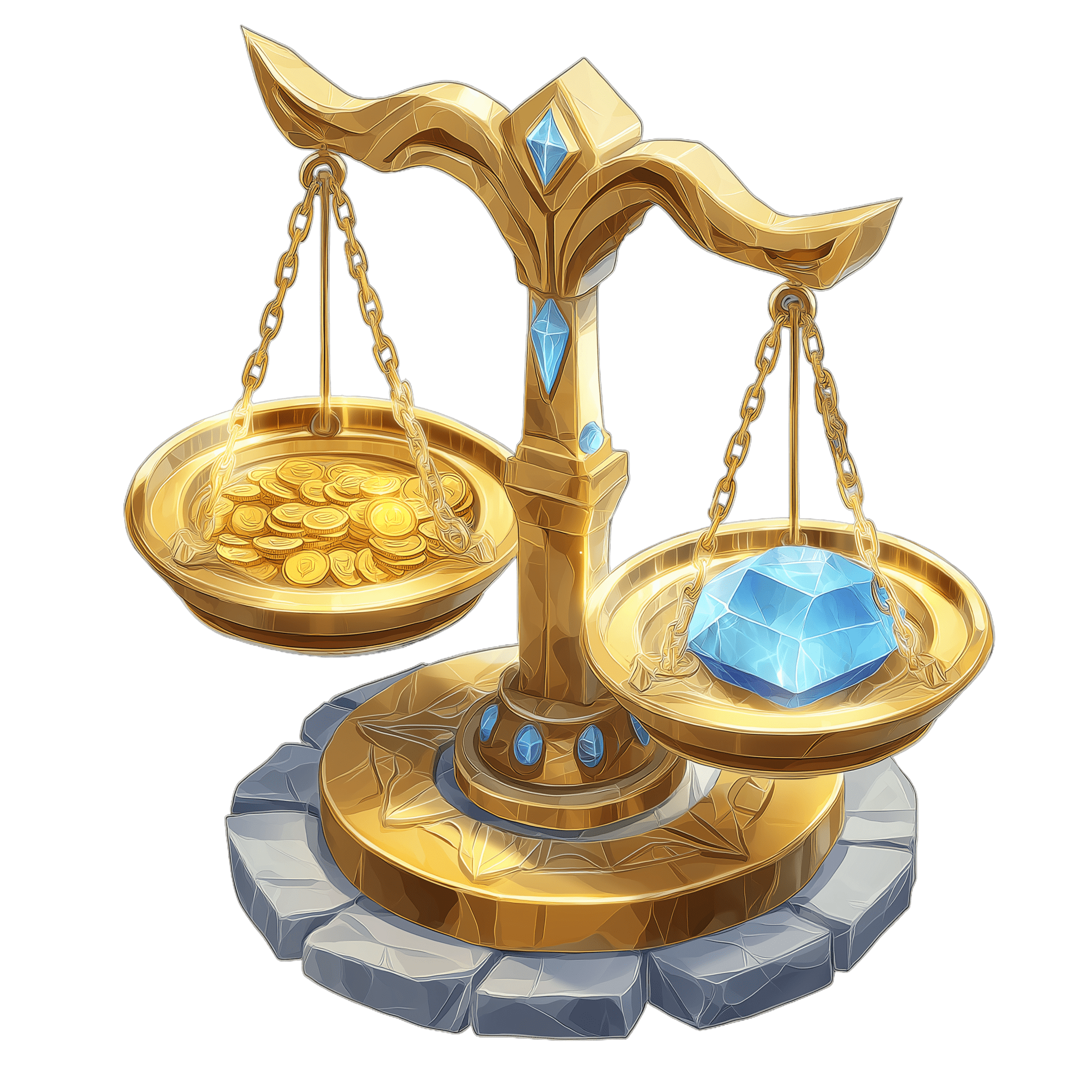 Illustration d'une balance dorée ornée de gemmes bleues, pesant des pièces d'or contre un cristal bleu