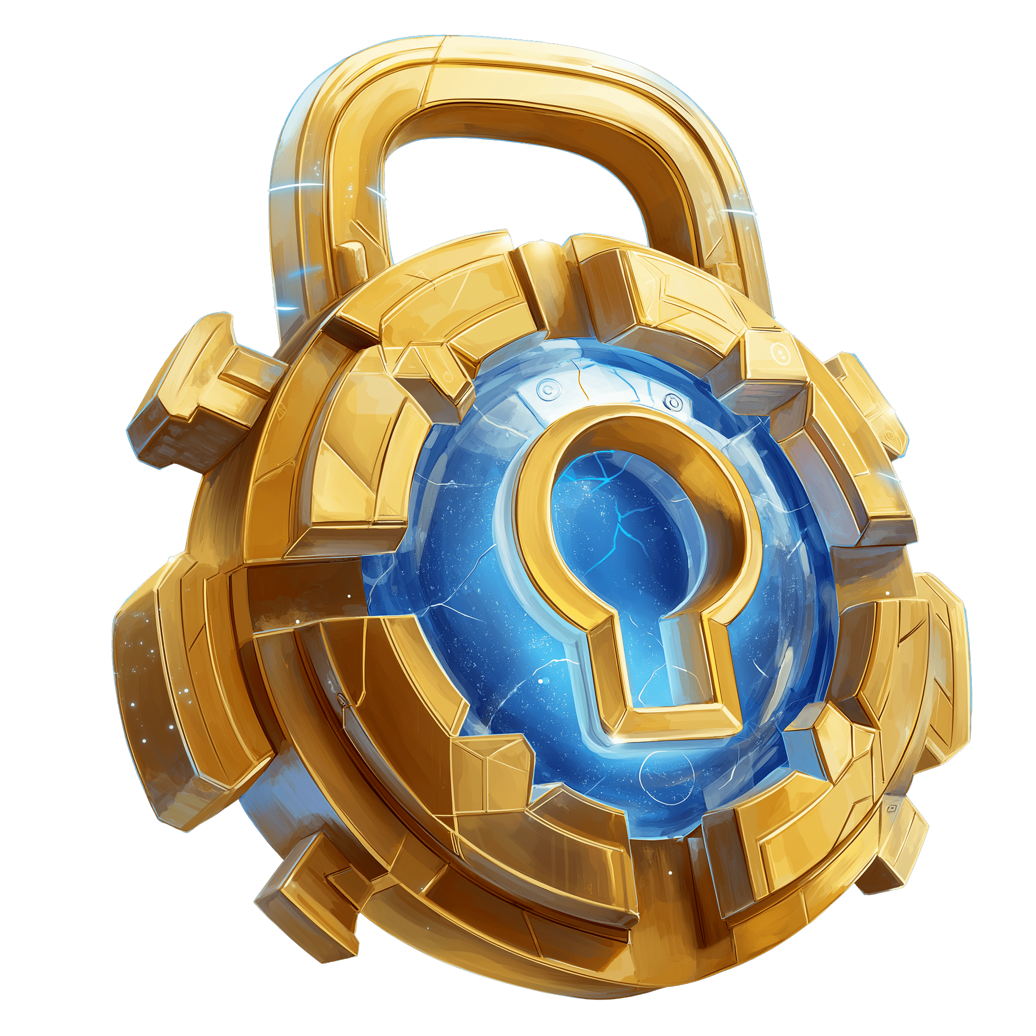 Illustration d'un cadenas doré massif avec un trou de serrure central sur un orbe bleu lumineux, style jeu vidéo