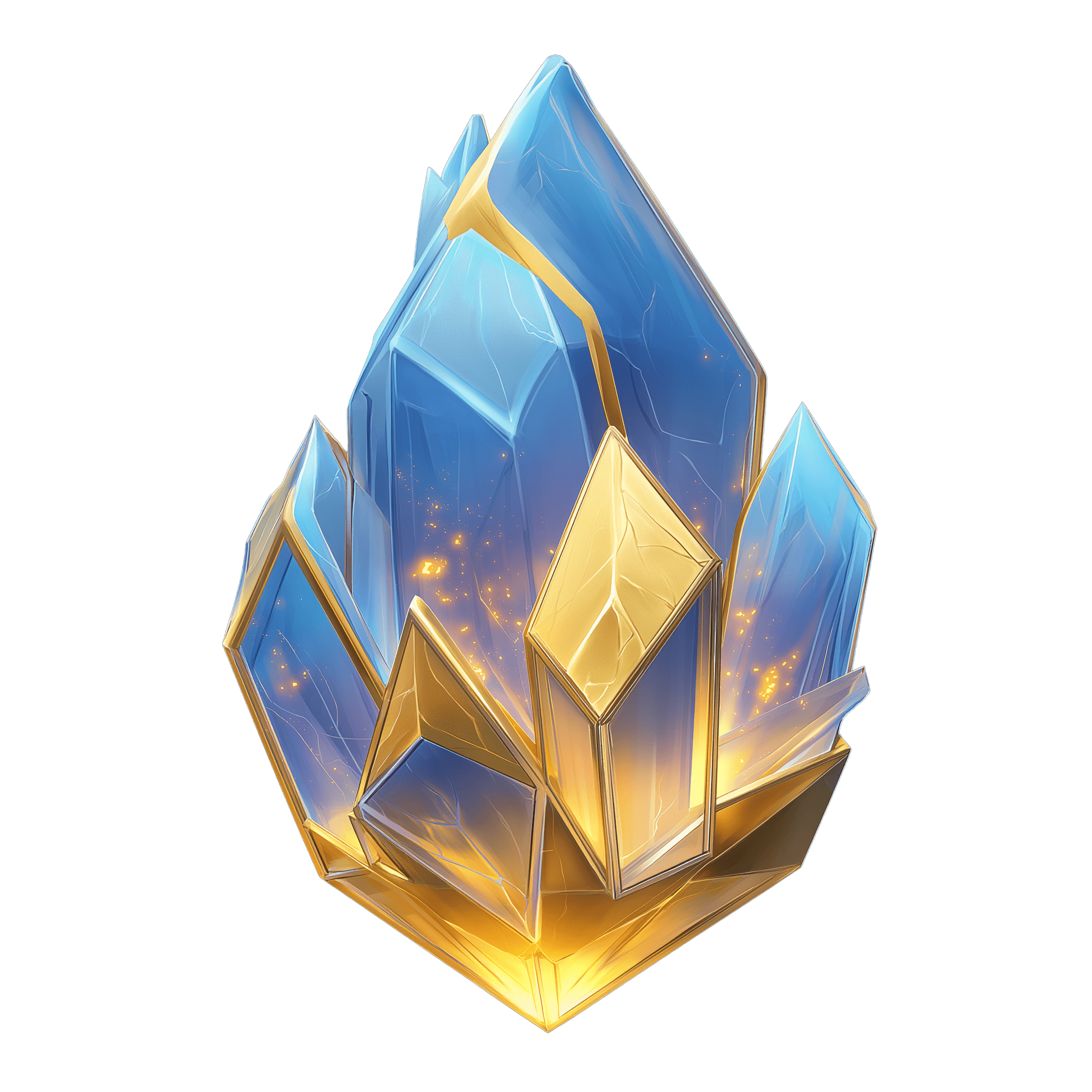 Illustration d'un cristal stylisé bleu et doré en forme de flamme, symbole de la technologie Galeon