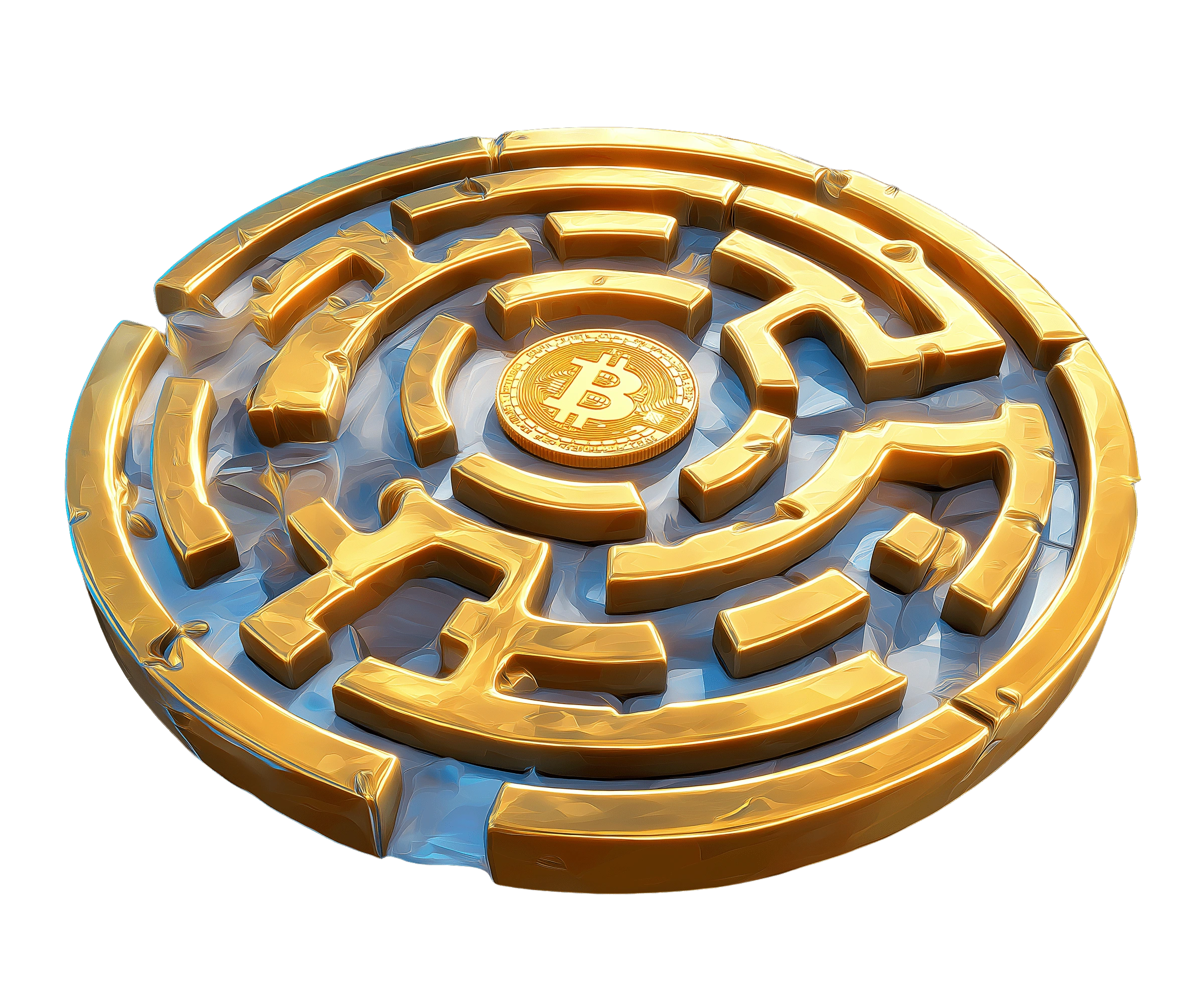 Illustration d'un labyrinthe circulaire doré avec un jeton Bitcoin au centre, sur fond bleu glacé