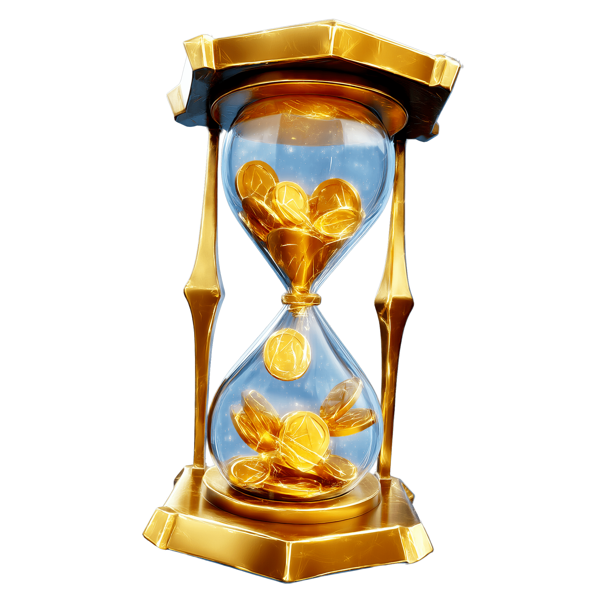 Illustration d'un sablier doré rempli de pièces d'or tombant du compartiment supérieur vers l'inférieur