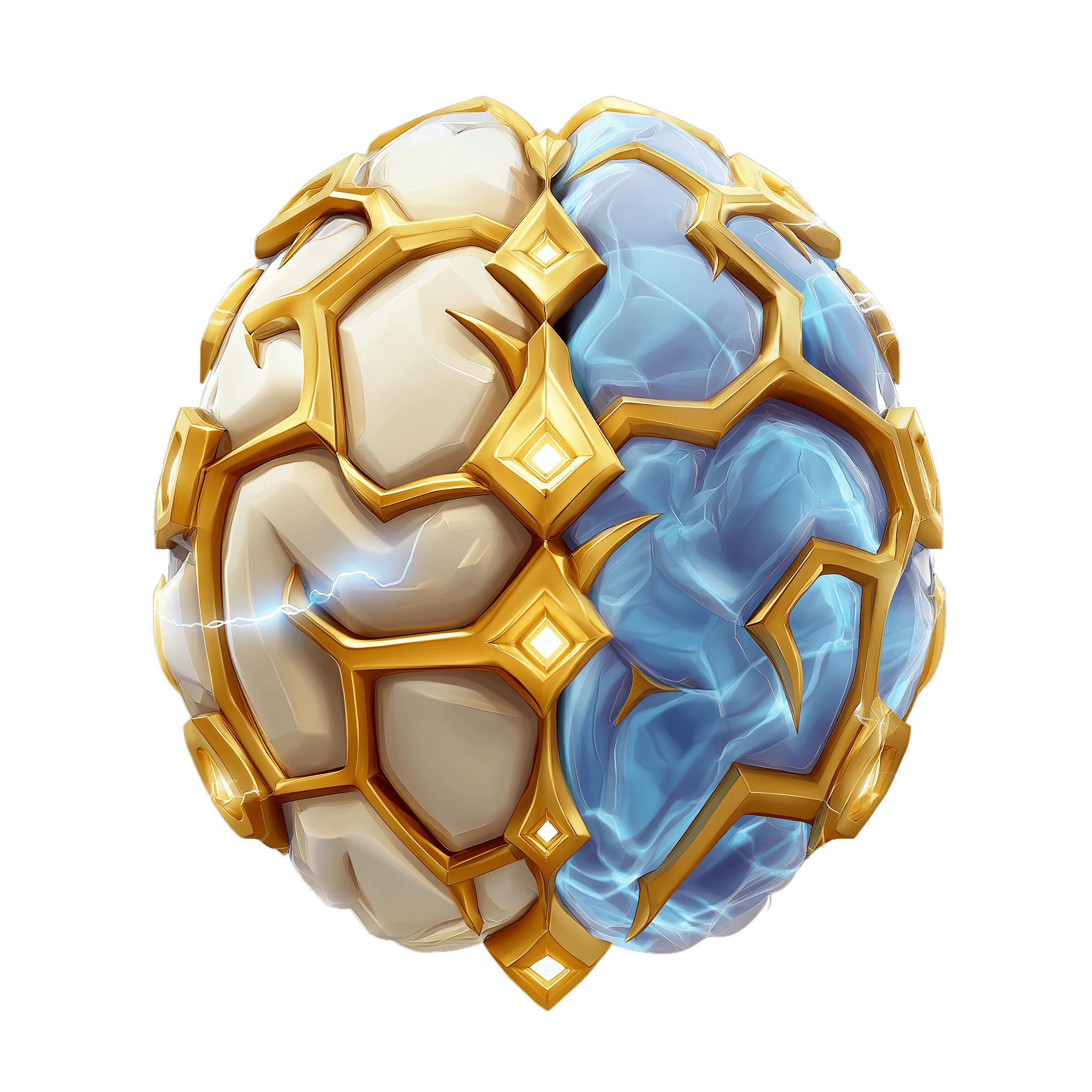 Illustration 3D d'un cerveau stylisé mi-blanc mi-bleu, traversé par un réseau doré évoquant l'intelligence artificielle