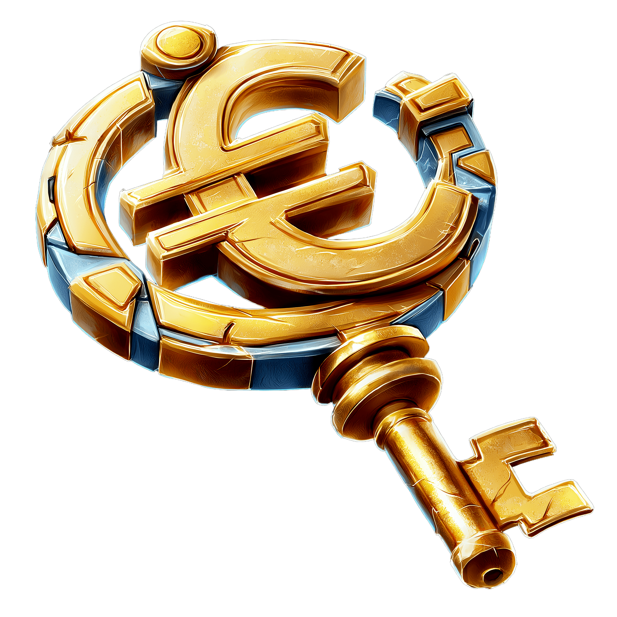 Illustration d'une clé dorée dont la tête forme un symbole euro, avec des éléments bleu et or