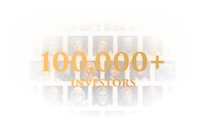 Collection of illustrated fantasy character portraits with the overlay text '100,000+ INVESTORS'.