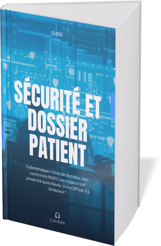 Book cover titled 'Security and Patient Records' with a background of digital security icons and data, discussing cyberattacks, data leaks, and GDPR compliance risks.