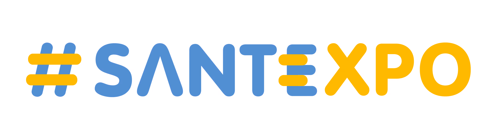 Logo #SANTEXPO en lettres bleues et jaunes, salon professionnel de la santé