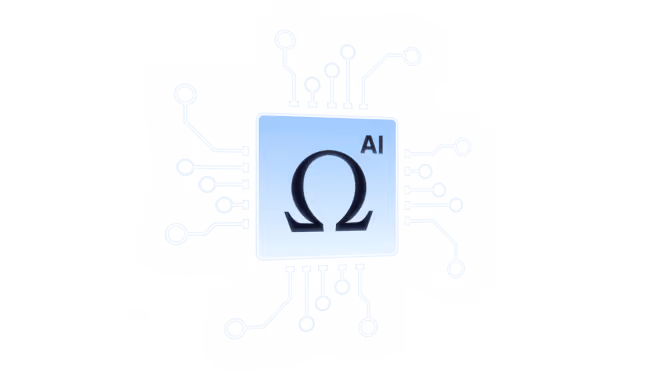 Icône d'une puce électronique avec le symbole oméga et la mention AI, représentant l'intelligence artificielle