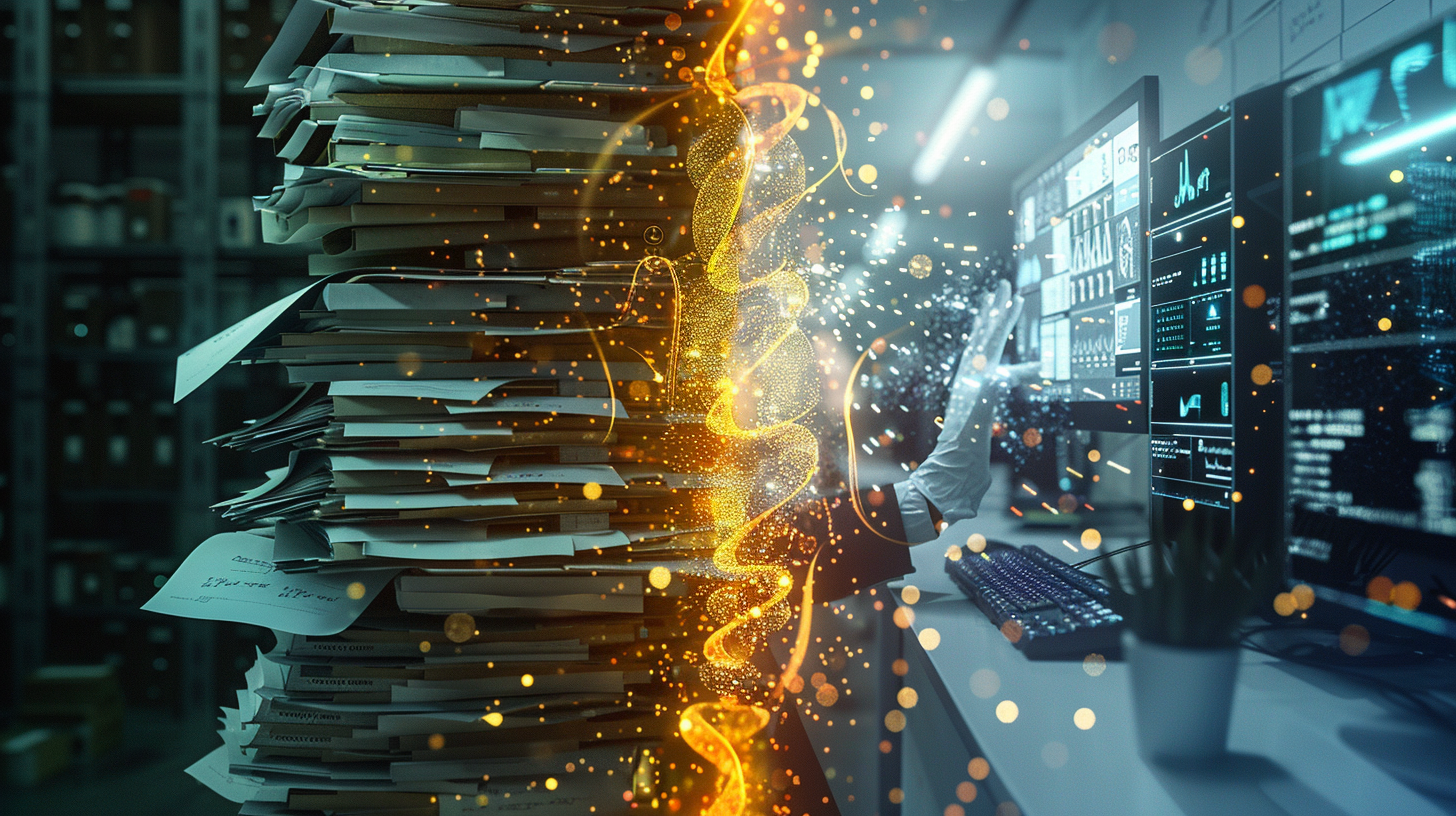 A split image contrasting a dark stack of paper records with a glowing, futuristic AI medical interface and golden DNA data streams.