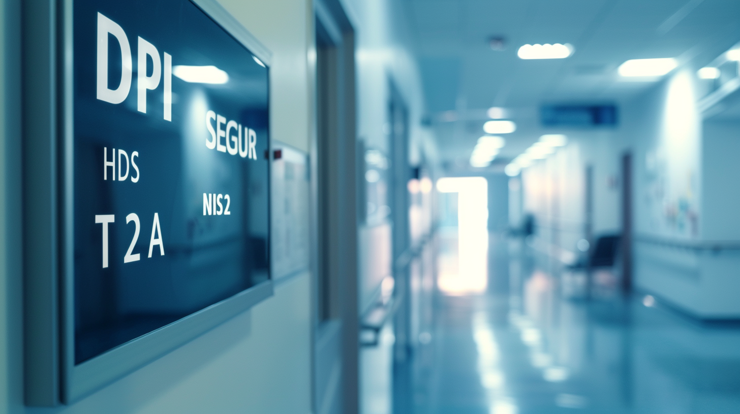 A glowing sign in a blurred hospital hallway displaying digital health acronyms such as DPI, SEGUR, HDS, T2A, and NIS2.