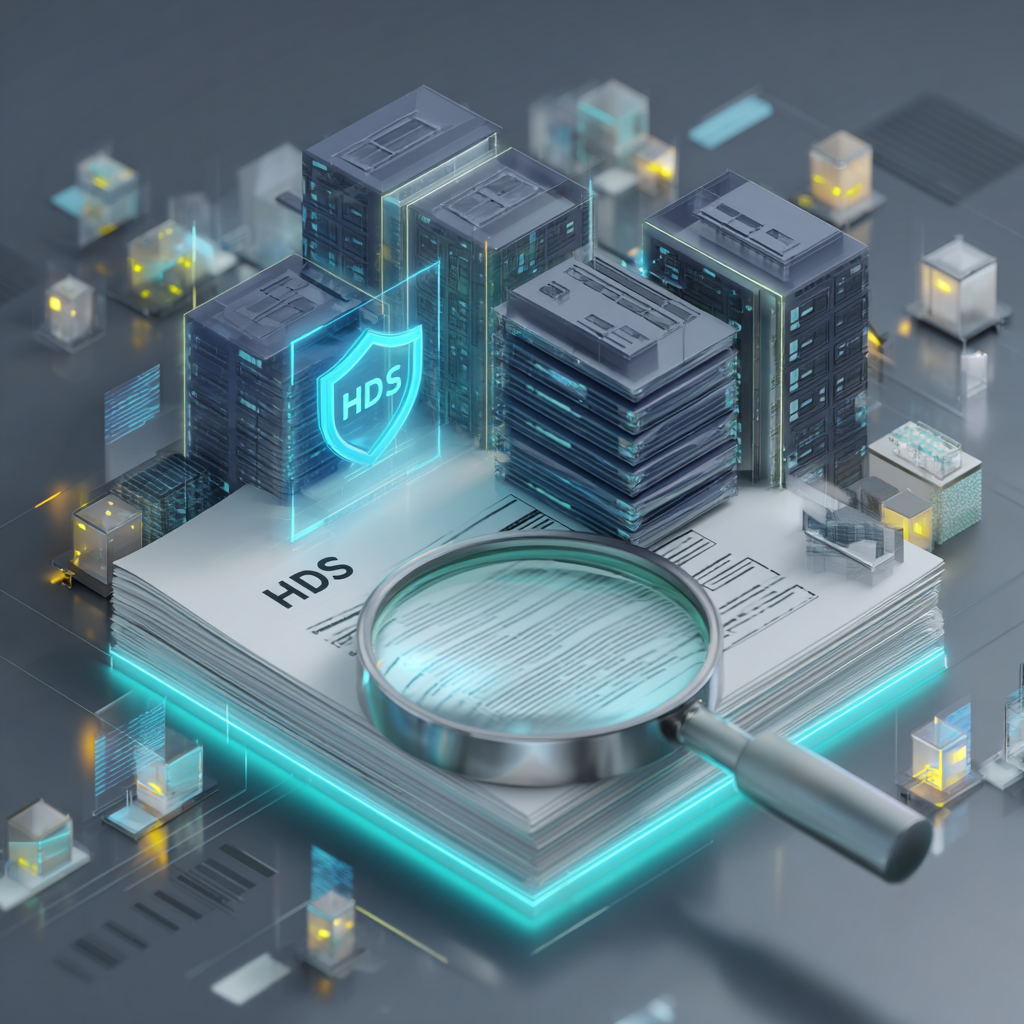 Conceptual 3D illustration featuring data servers on a stack of documents with a magnifying glass and a shield labeled "HDS"