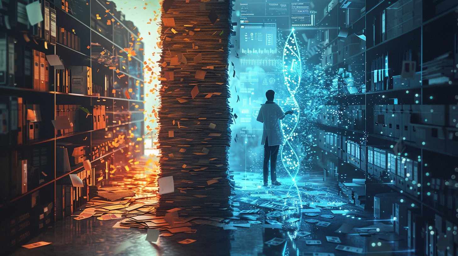 Split-screen contrast between messy paper medical records in the dark and a glowing digital Smart EHR interface with golden data streams