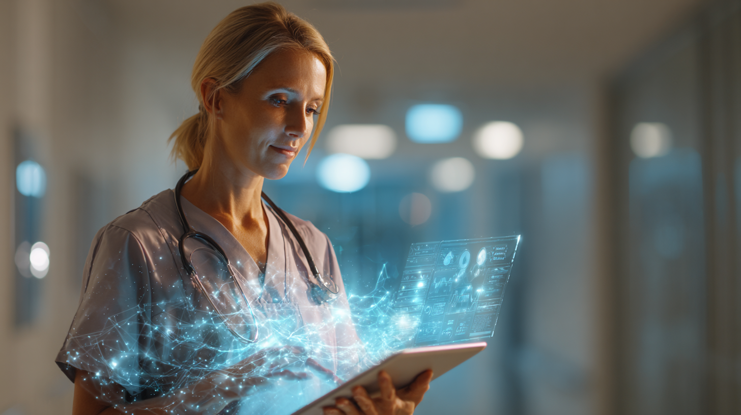 A nurse looking at a digital hologram projected from a tablet in a hospital hallway.