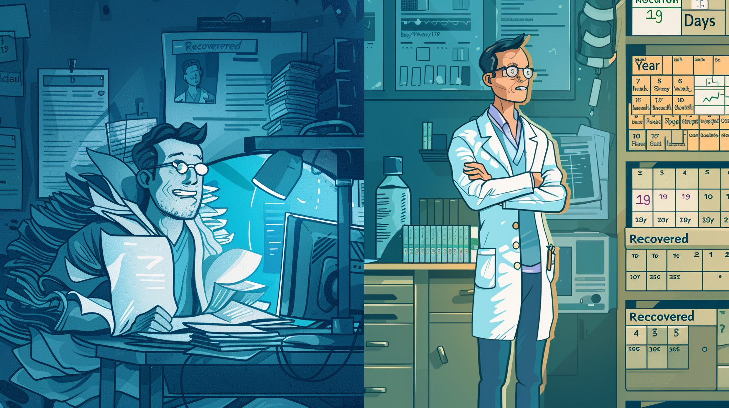 A split-screen illustration contrasting a stressed doctor struggling with a massive pile of paperwork under a desk lamp, with a confident doctor standing beside an organized calendar and chart showing time recovered.
