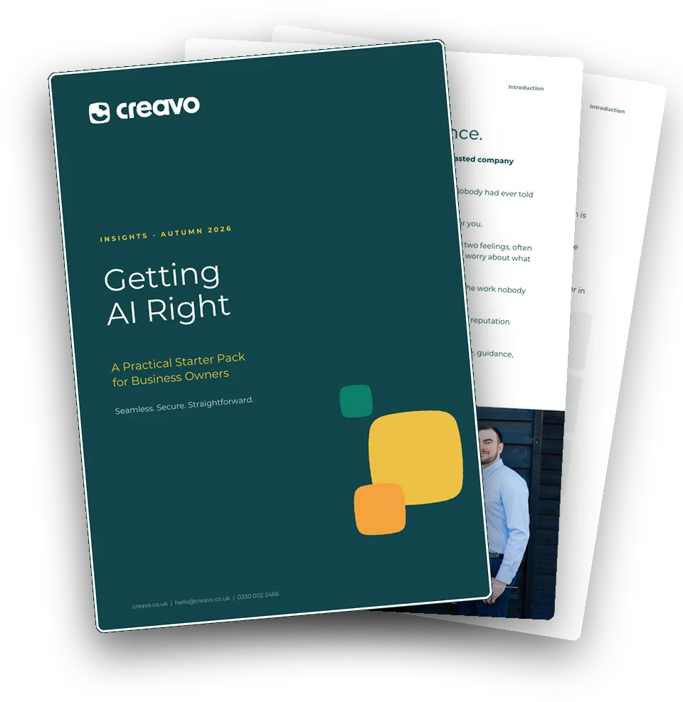 The free CREAVO Getting AI Right starter pack for business owners, with its cover and inside pages