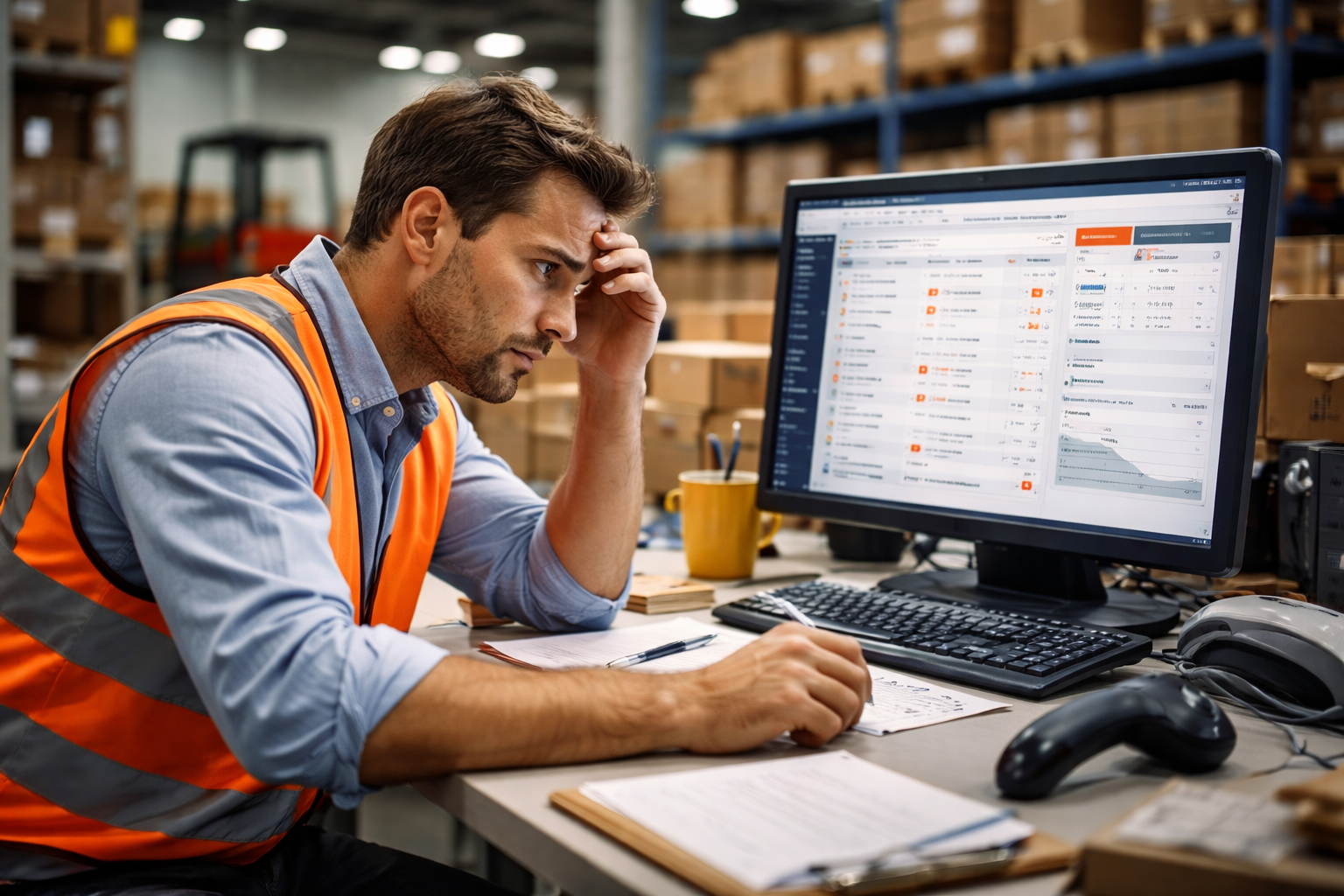 Warehouse systems manager wearing a safety vest, looking frustrated while working with a WMS dashboard in a busy fulfillment center