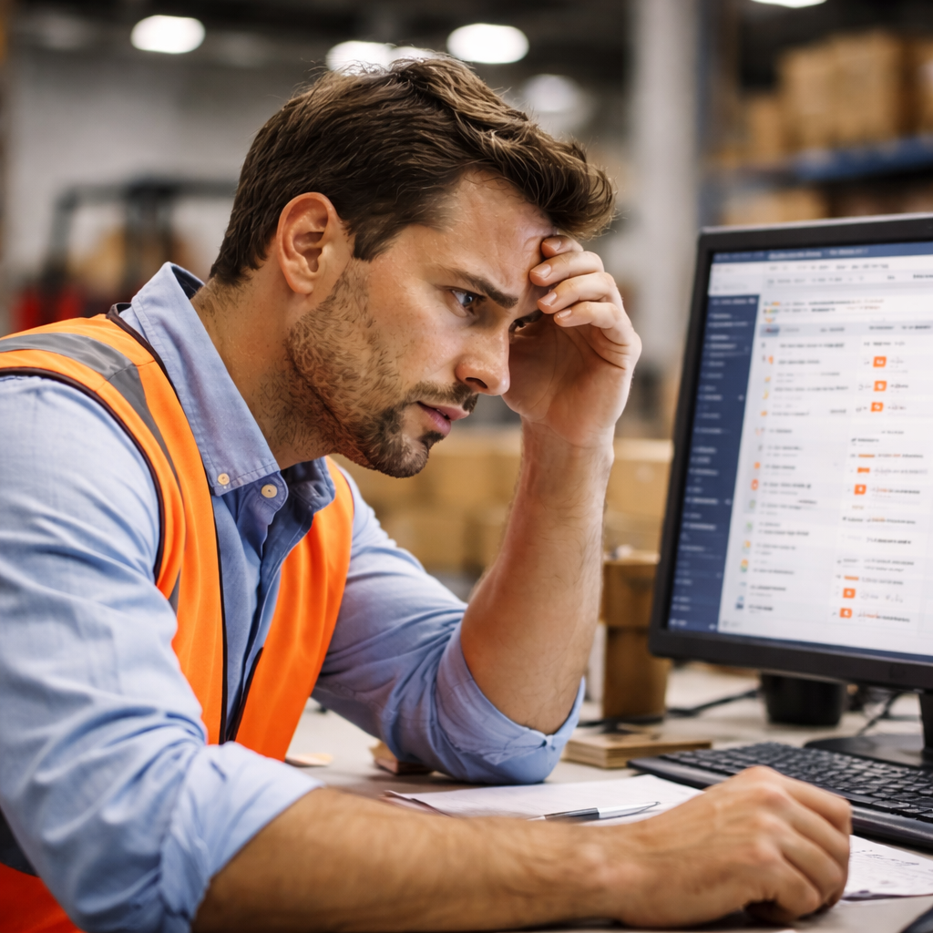 Frustrated systems manager reviewing warehouse management system data in a fulfillment center
